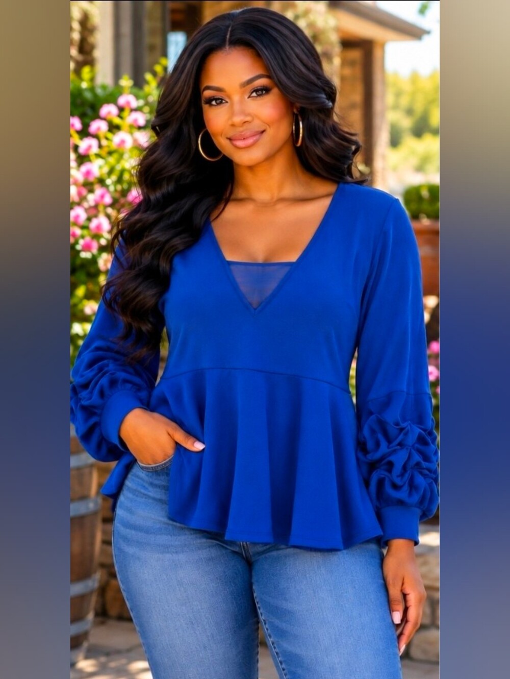 NEW!! Blue V-Neck Peplum Long-Sleeve Top With Ruched Sleeves,Sz 14/16, NWT